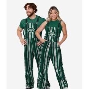 New York Jets NFL FOCO Green White Striped Bib Overalls Unisex Medium NEW